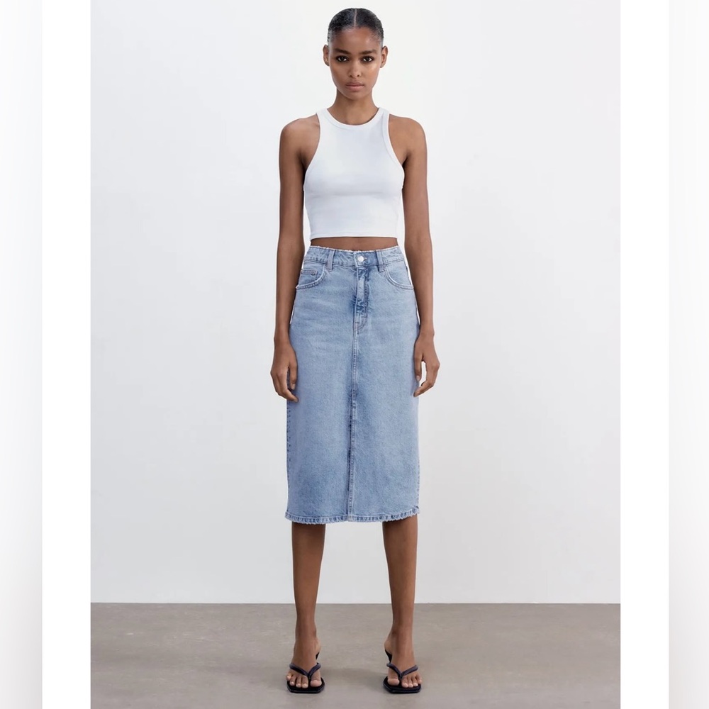 SOLD //Zara Front Slit Denim Midi Skirt Size XS - Picture 1 of 6